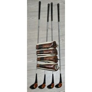 Maxfli Dunlop Golf Club Wood Set 1, 3, 4, 5 /w Vtg Leather Head Covers RH